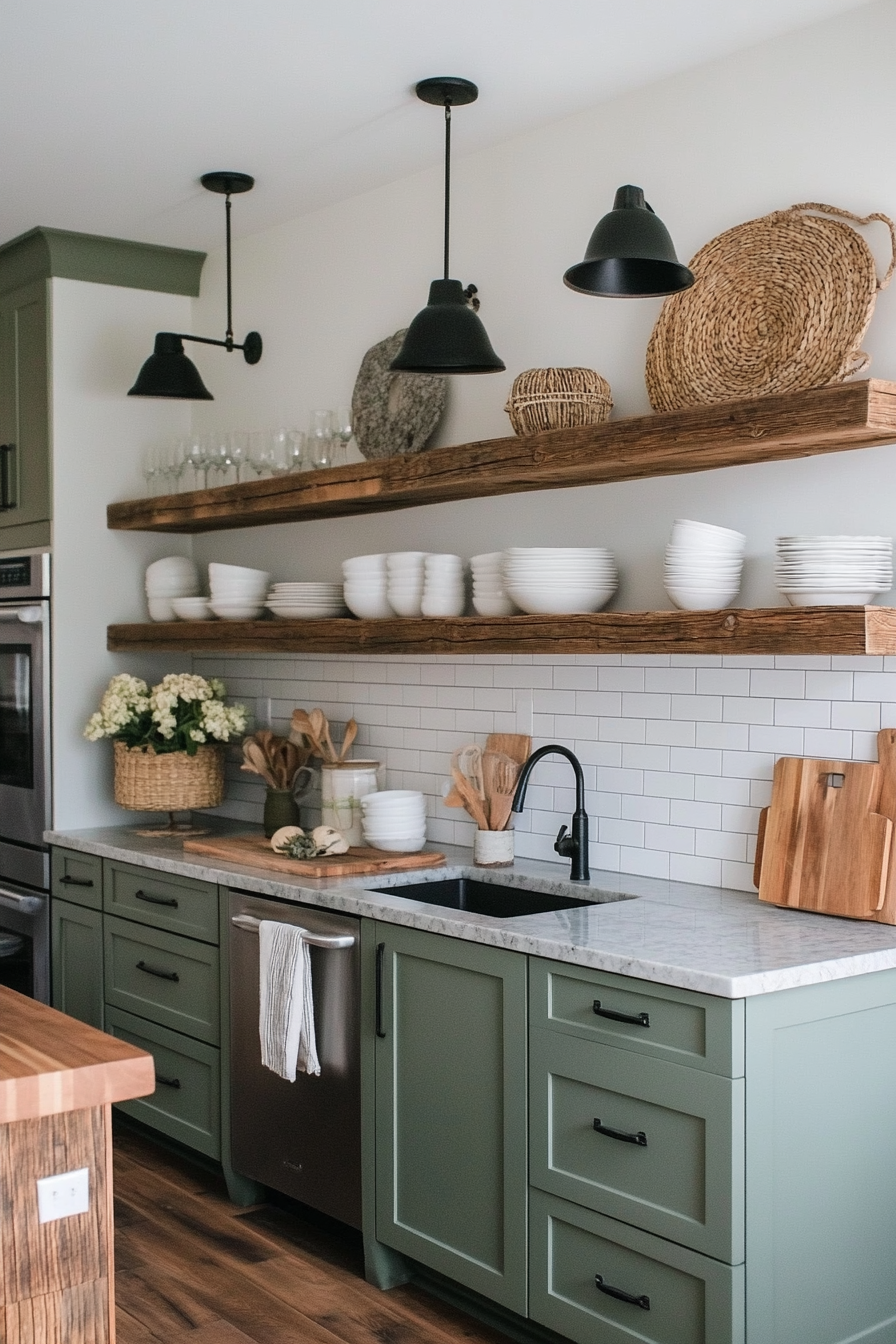 Sea green cabinets with rustic wood shelves and accents