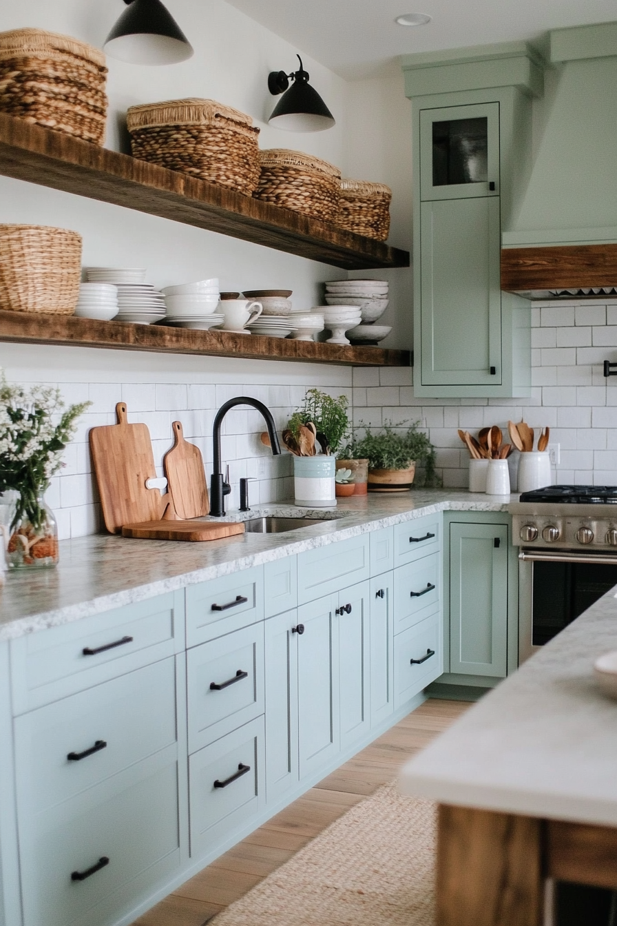 Sea green cabinets with rustic wood shelving and accents