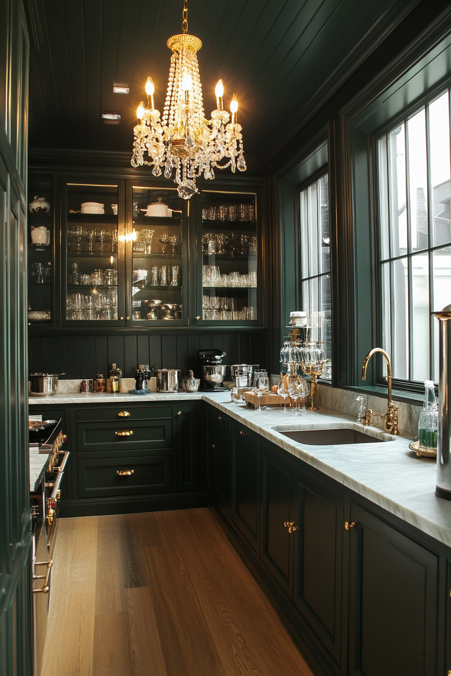 Hunter green cabinets with brass hardware and a traditional design