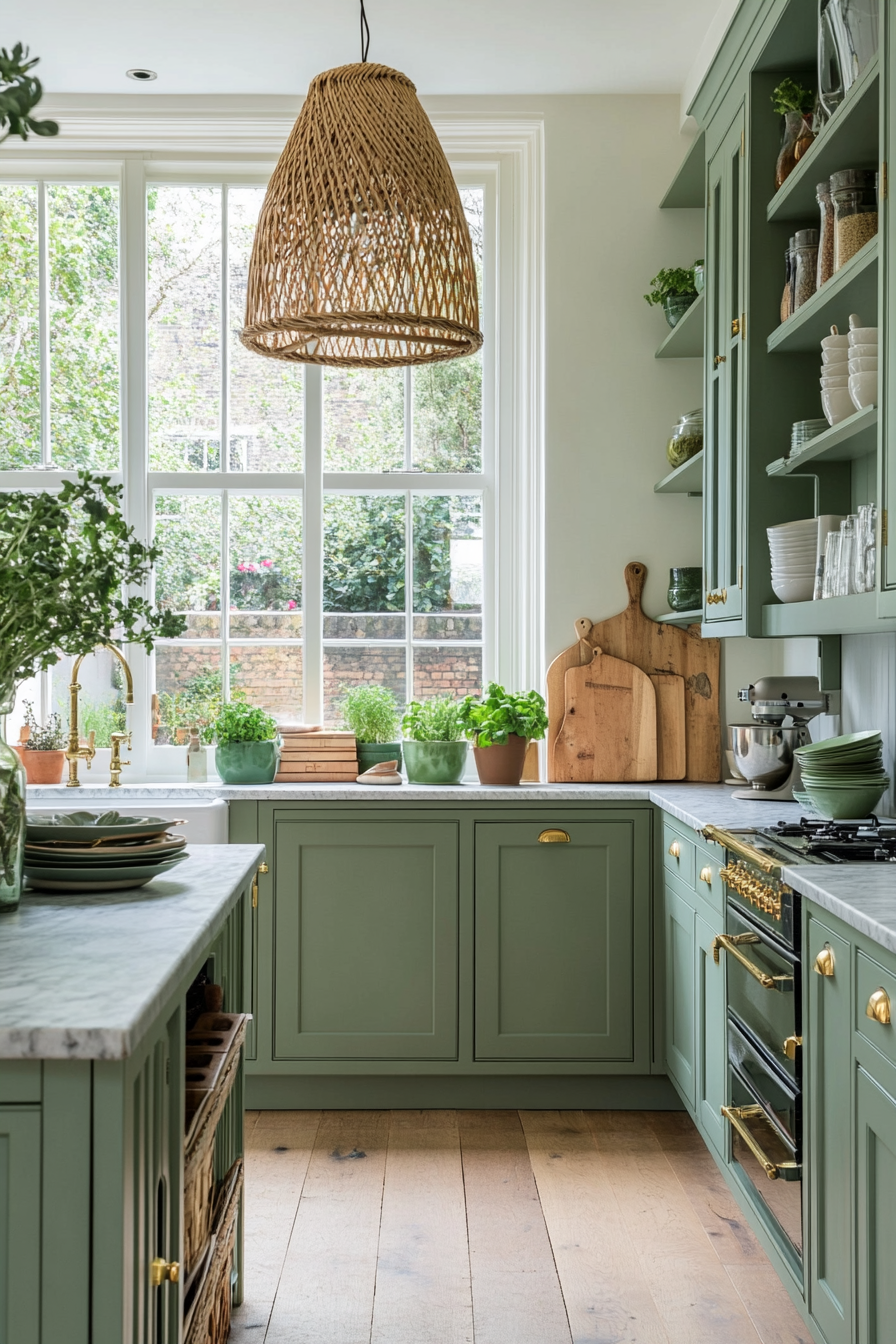 Marble and brass accents highlight vibrant green tones.