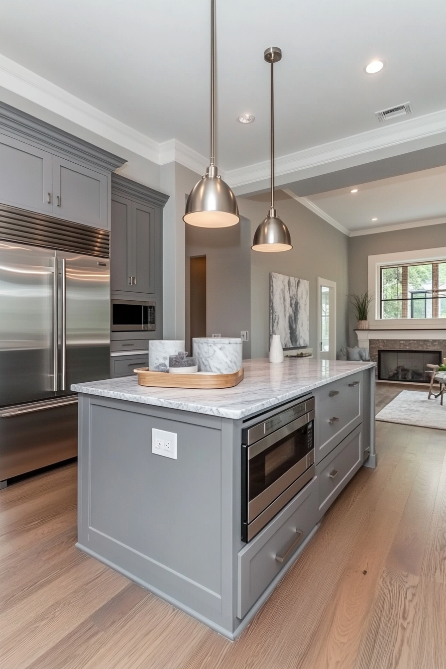 Dove grey cabinets paired with marble for refined elegance.