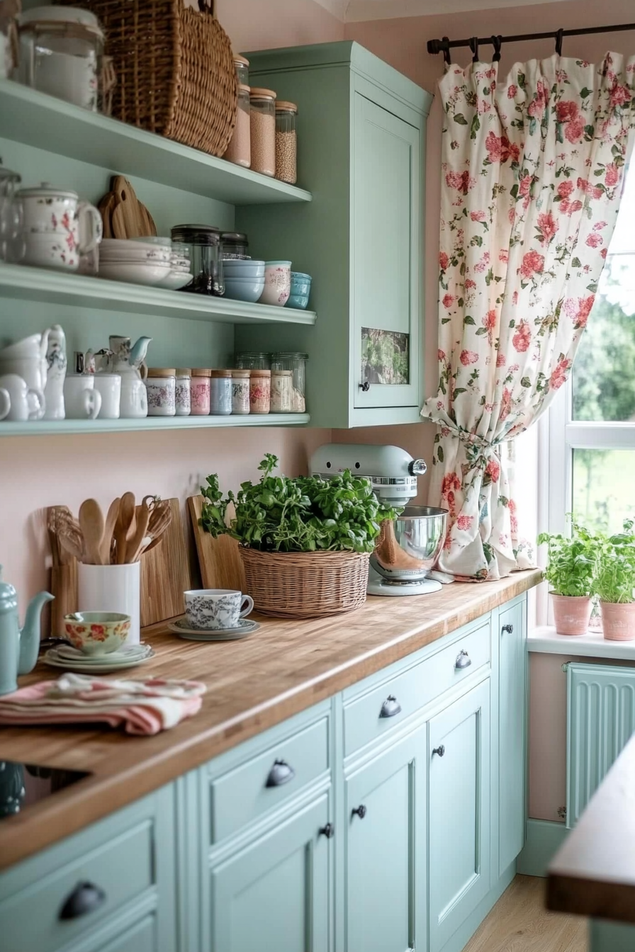 Cottage core kitchens emphasize softness and nostalgia.
