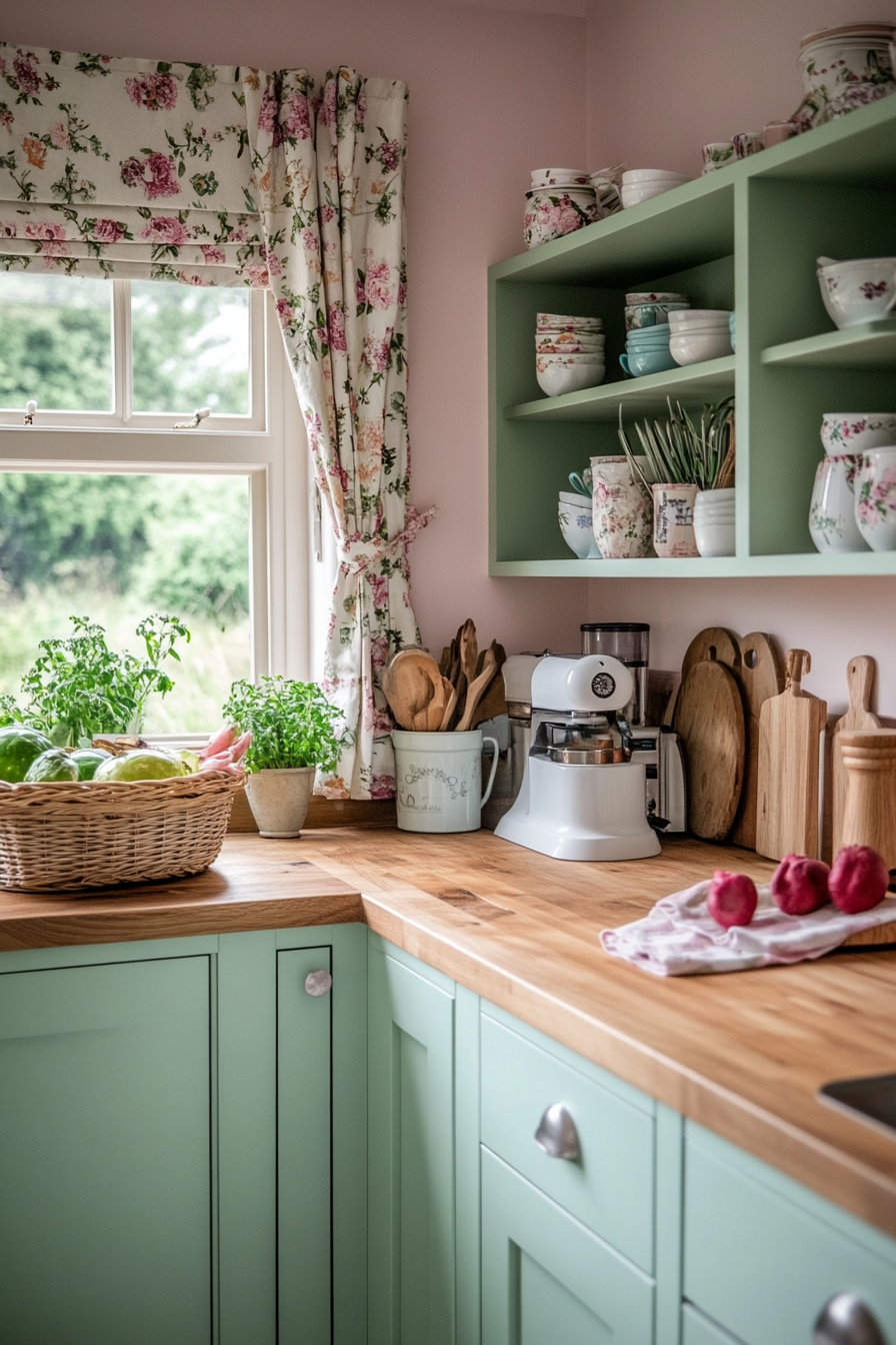 Pastel tones and vintage details create cottage charm.