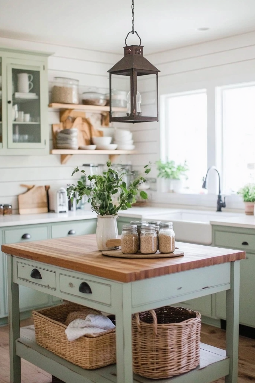 Farmhouse charm with creamy whites and sage greens.