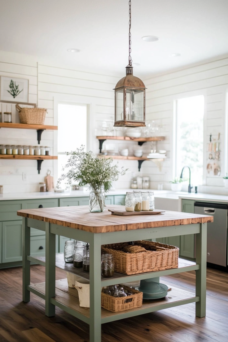 Rustic wood and vintage lighting enhance farmhouse warmth.