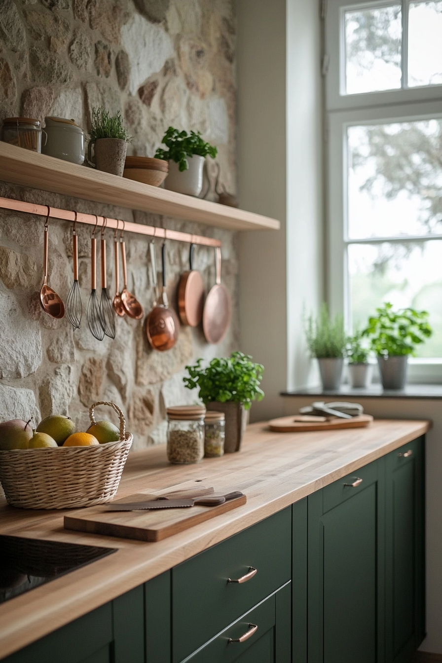 Warm terracotta and copper accents enrich the earthy theme.