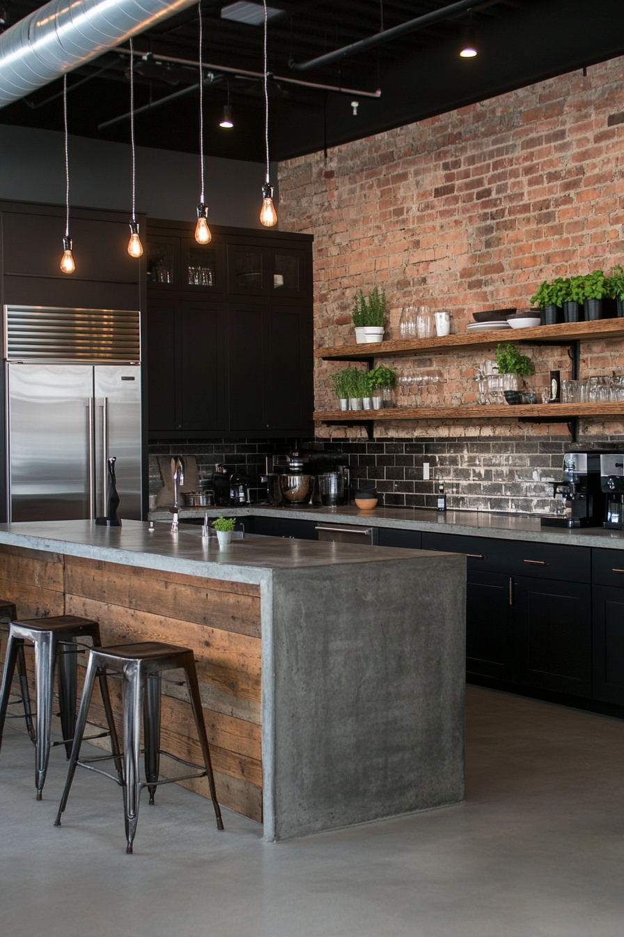 Concrete and brushed nickel lighting elevate industrial kitchens.