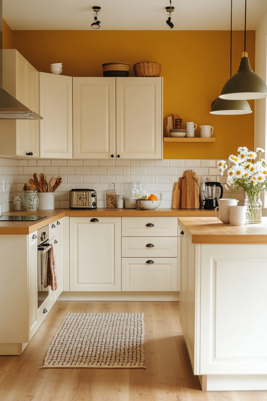 Warm caramel and honey tones create a cozy kitchen.
