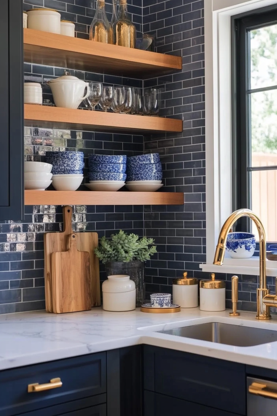 Navy cabinetry with brass accents for a sophisticated look.