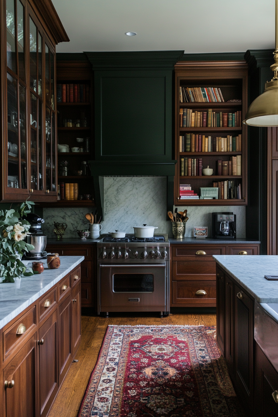 Dark academia kitchens feature rich tones and vintage details.