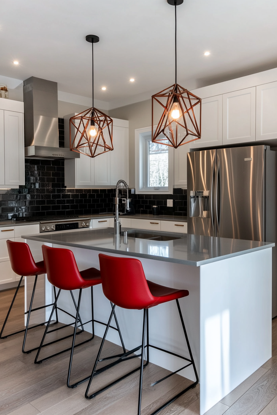 Integrated lighting and bold accents for a modern kitchen.