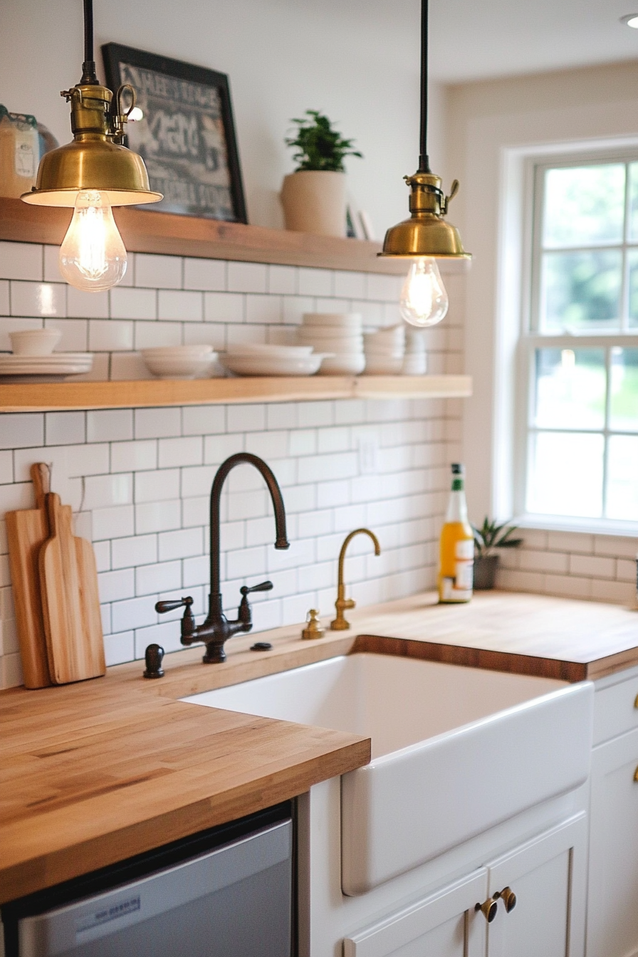 Vintage kitchen lighting with Edison bulbs and warm brass finishes
