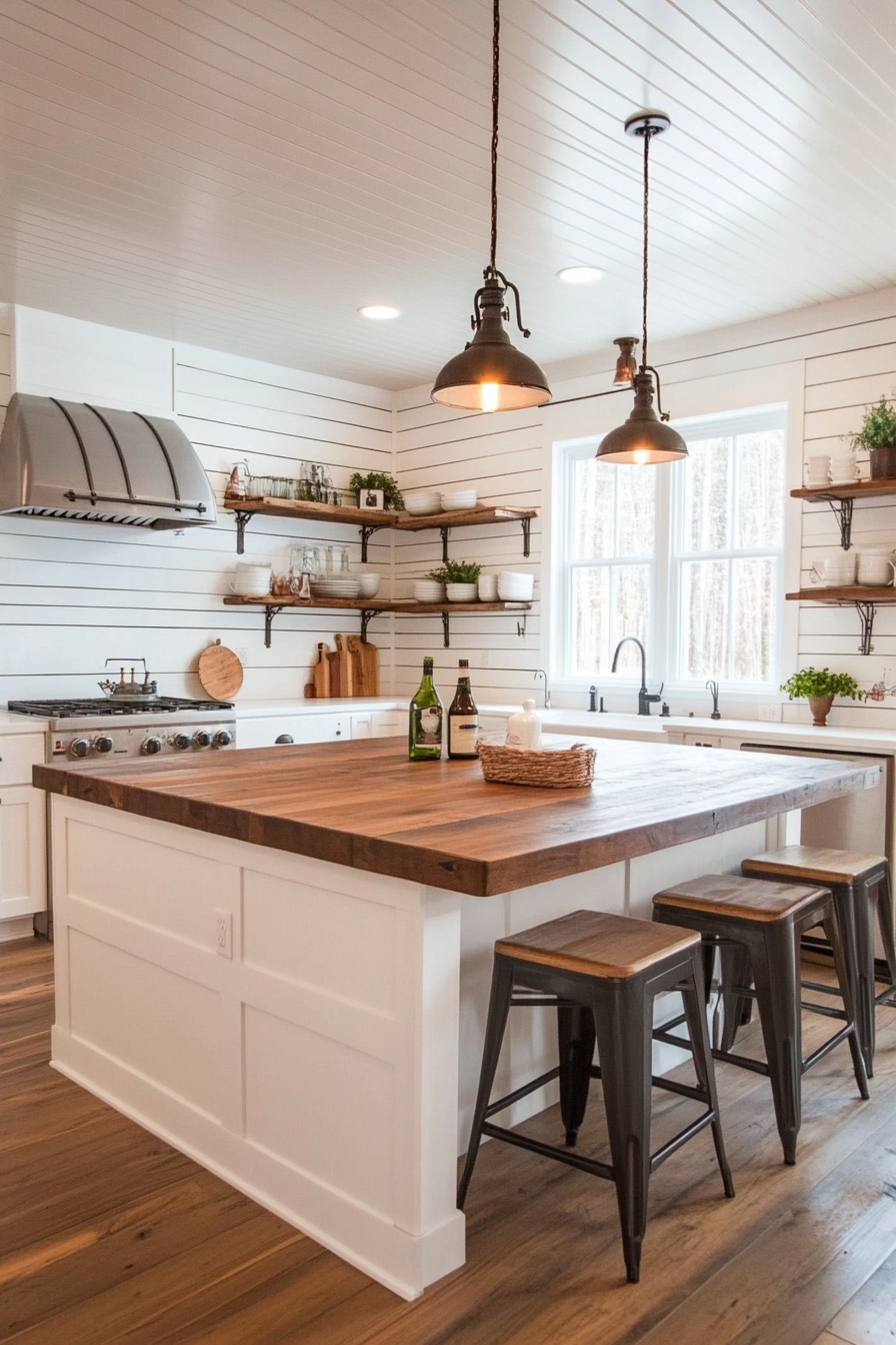 Rustic pendant lights with wood accents in farmhouse kitchen