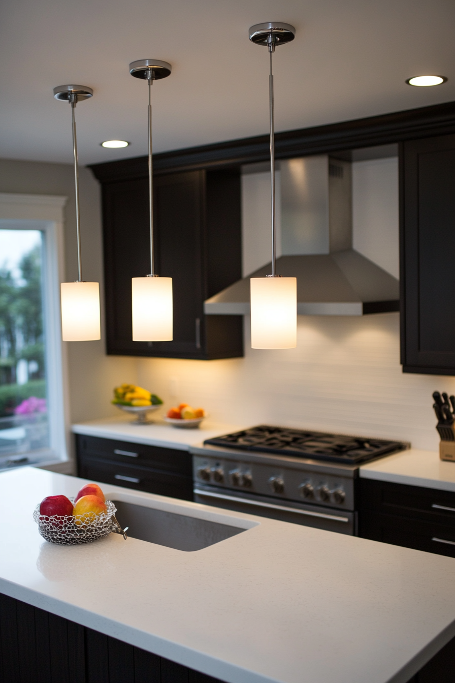 Pendant lights in a modern kitchen over an island
