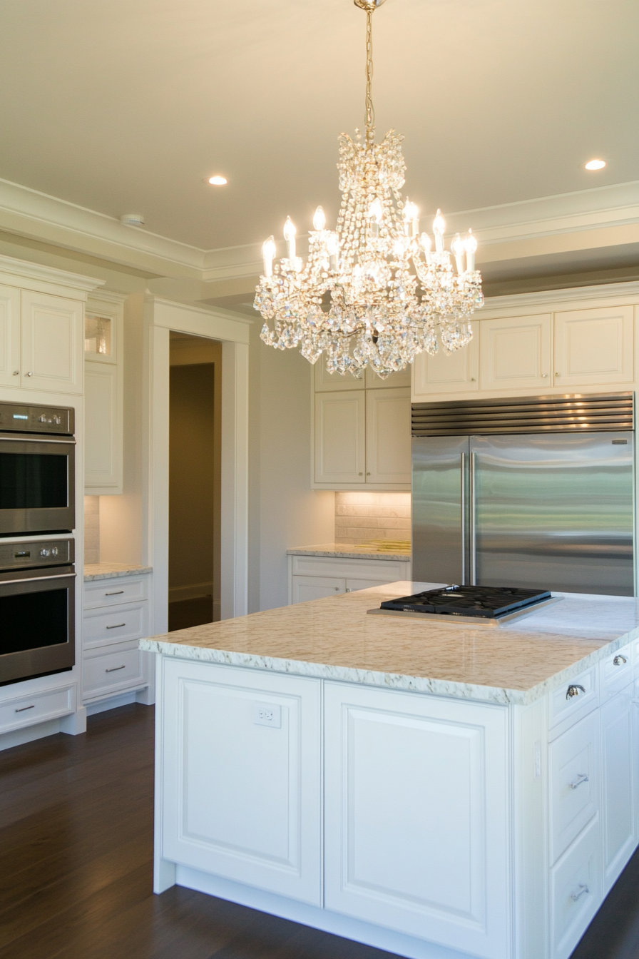 Overhead lighting fixture as a focal point in the kitchen