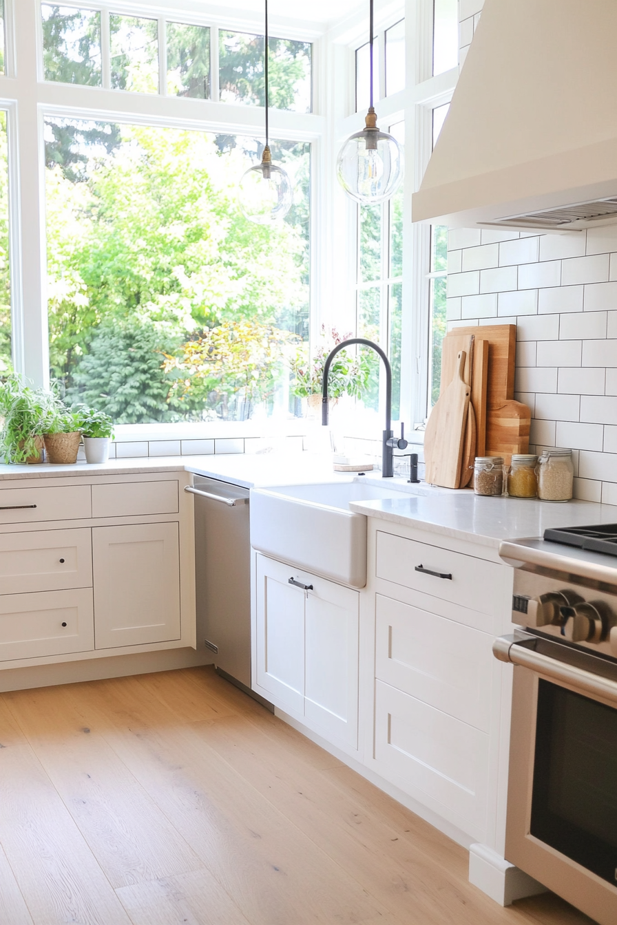 Minimalist light fixture over farmhouse sink