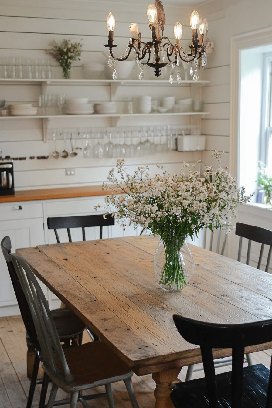 Chandelier lighting over a kitchen dining table