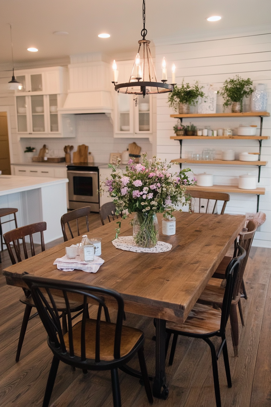 Warm drum shade light over dining table