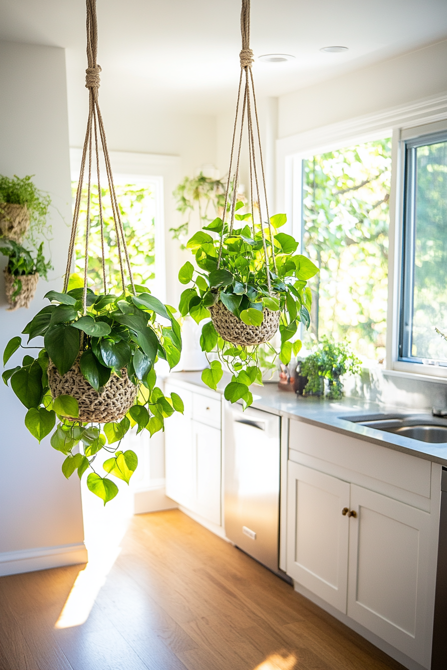 Hanging planters with cascading greenery