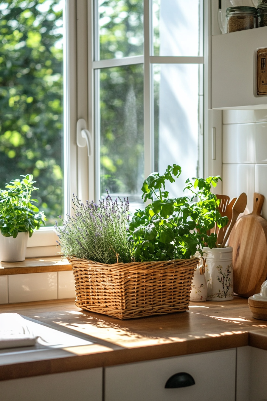 Maidenhair fern and lavender in a rustic basket