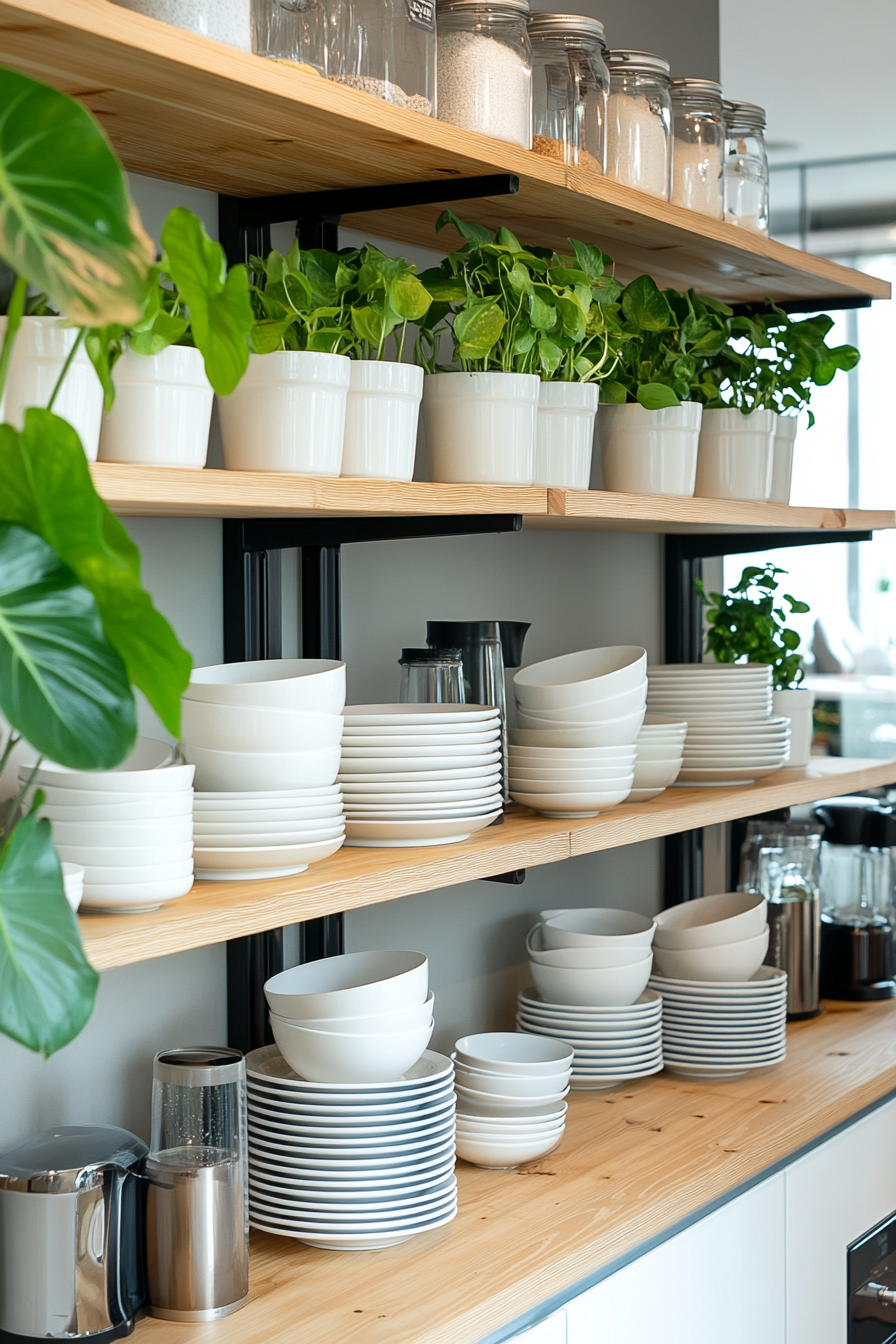 Lush plants styled on open kitchen shelves
