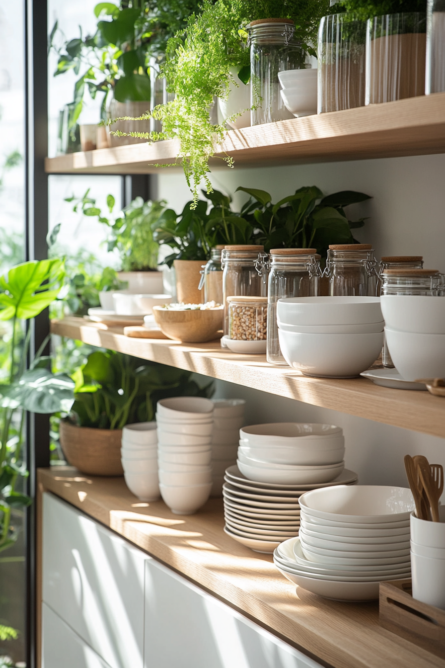 Swiss Cheese Plant and ferns on open shelves
