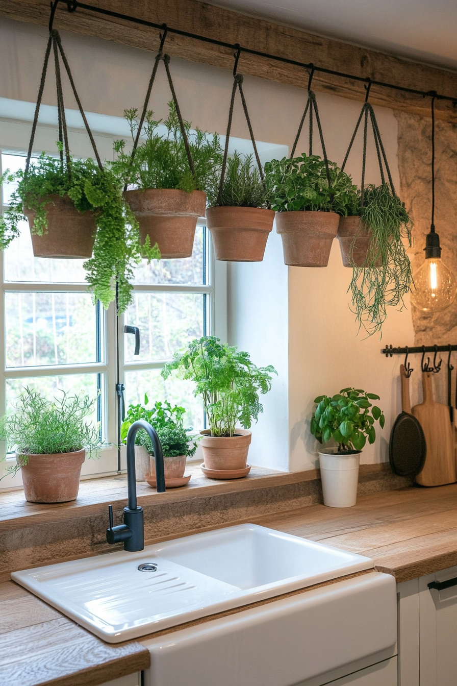 Spider Plants and Boston Fern above a sink