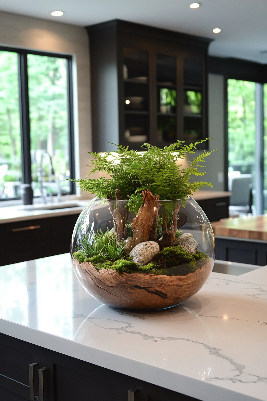 Glass terrarium centerpiece on a kitchen counter