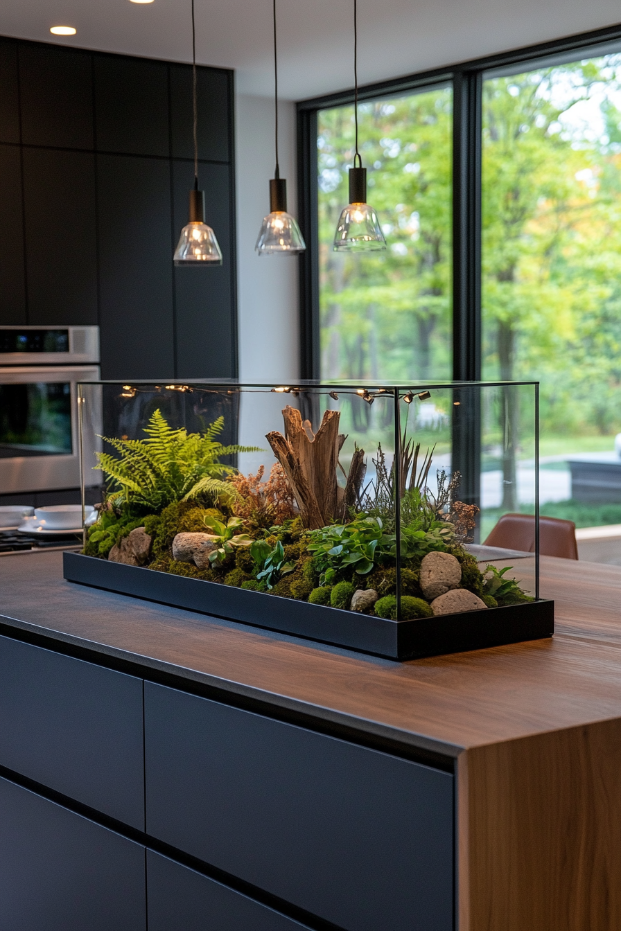Terrarium with Fittonia and moss on a counter