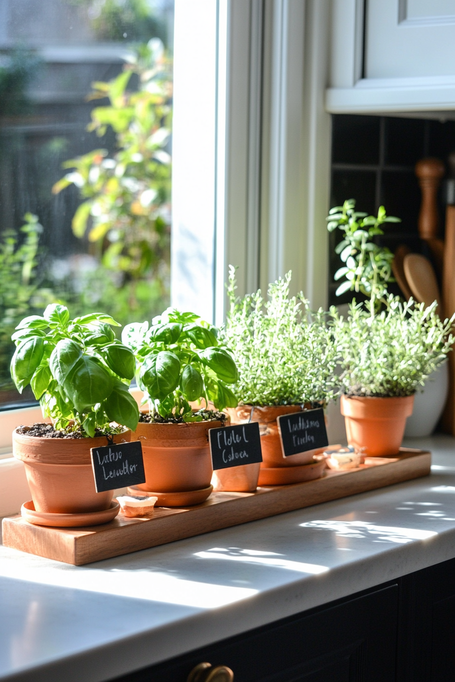 Herbs in terracotta pots with labels