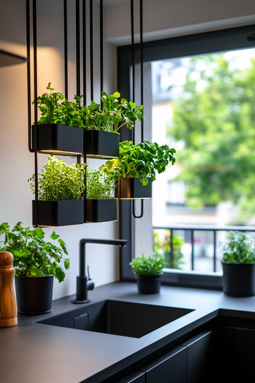 Hanging herb rack above kitchen counter