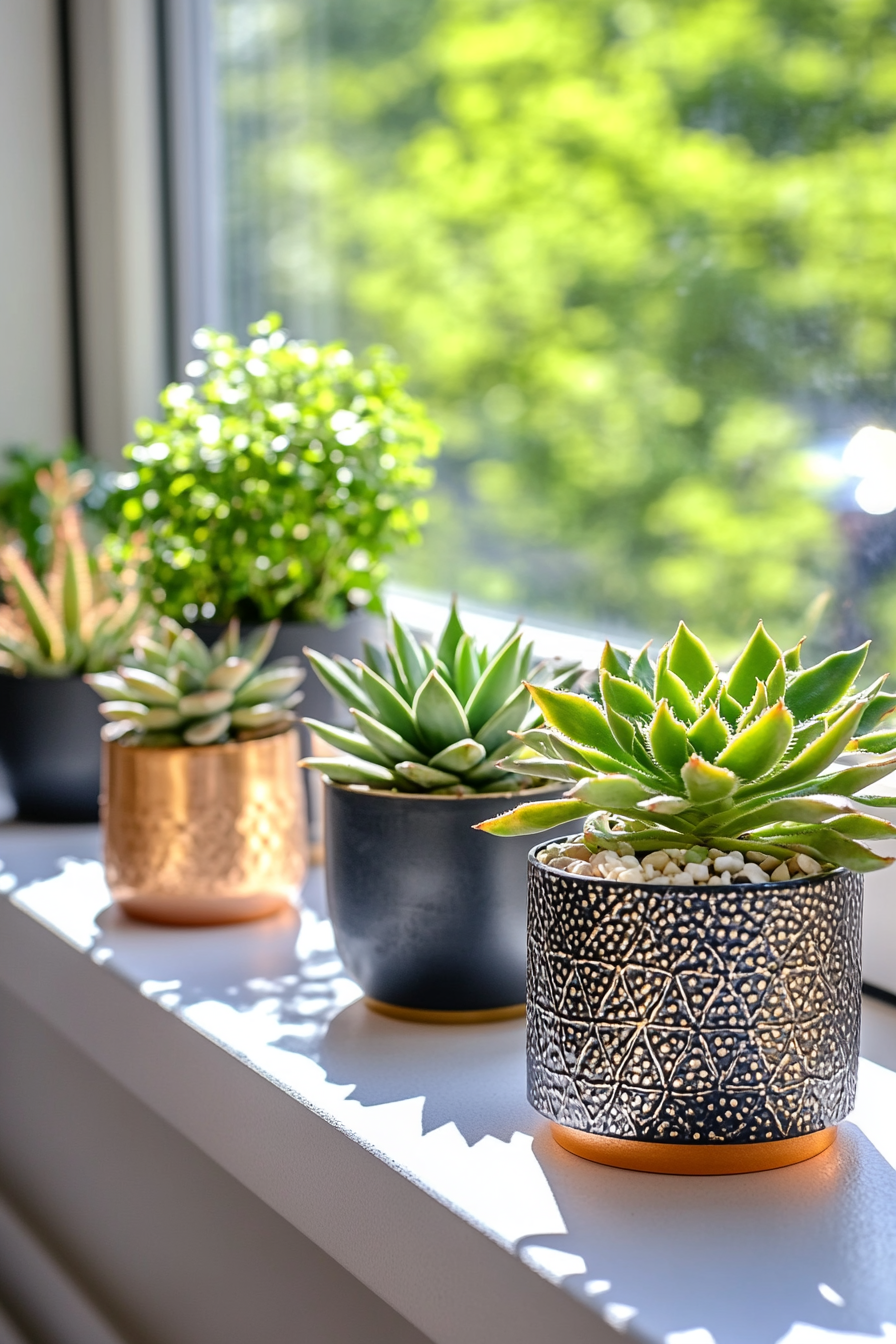 Succulents and cacti arranged on a windowsill