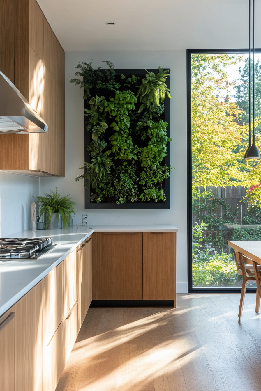 Living wall with vibrant green plants in a kitchen