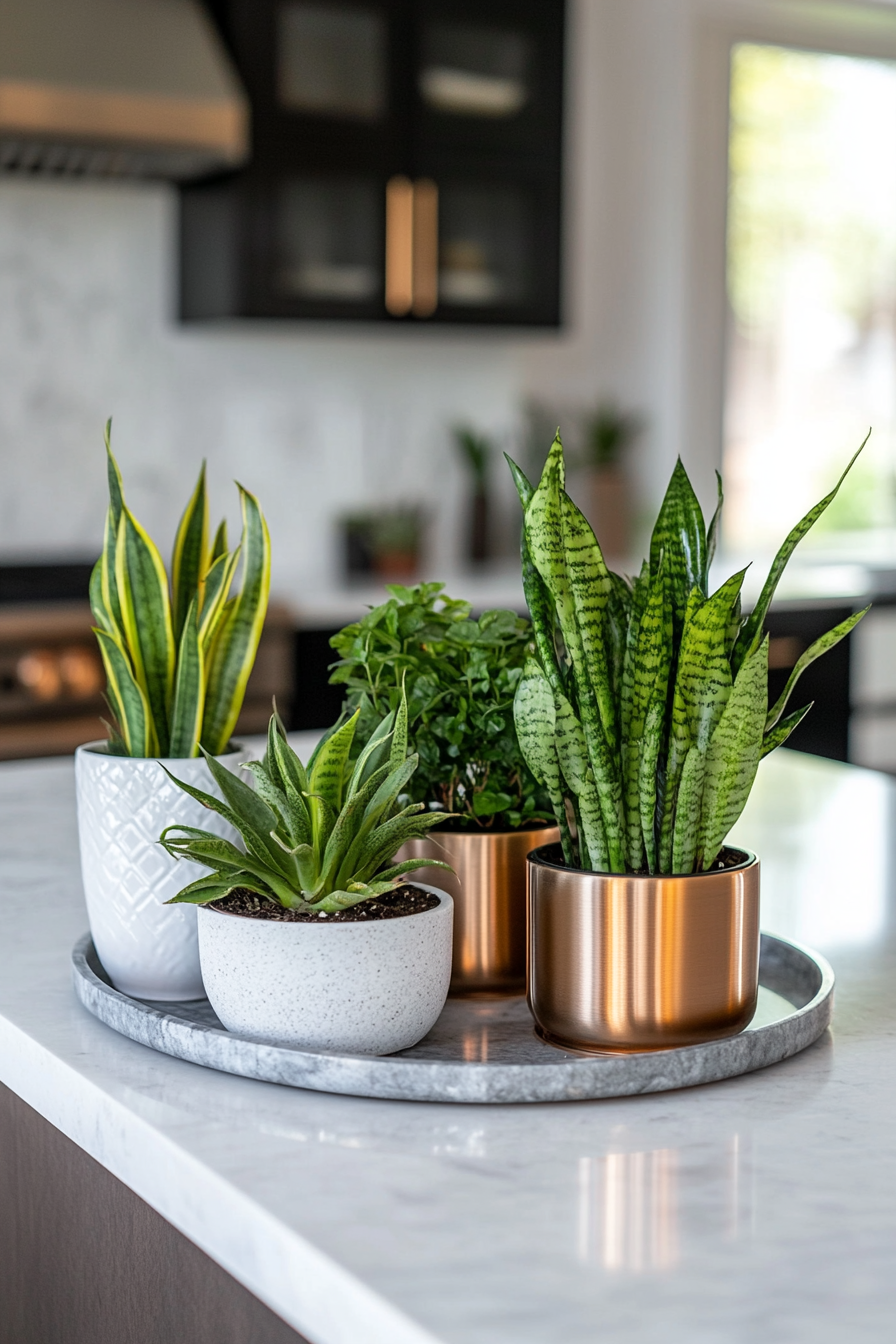 Decorative plants on a wooden tray centerpiece