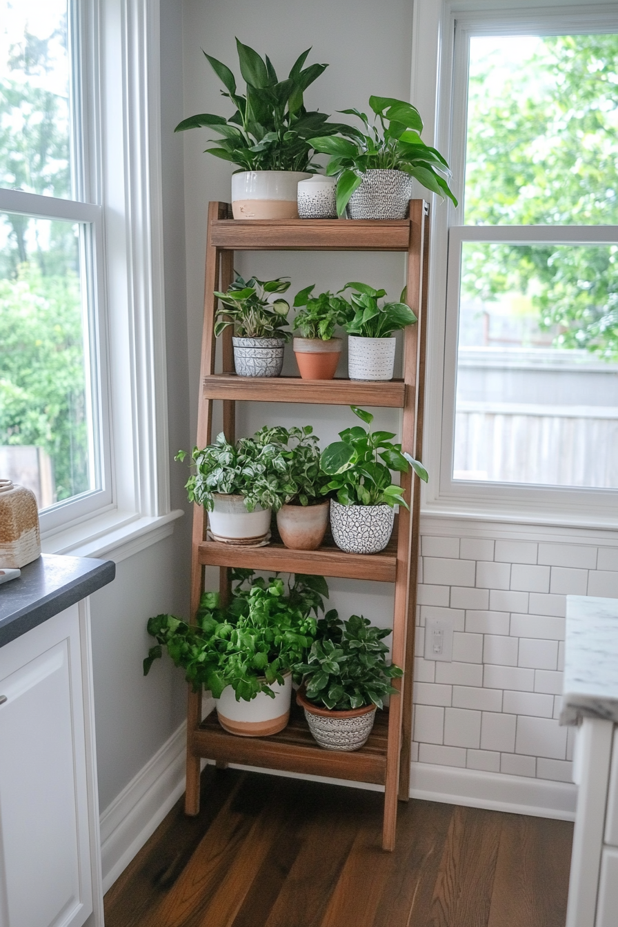 Tiered plant stand in a kitchen corner