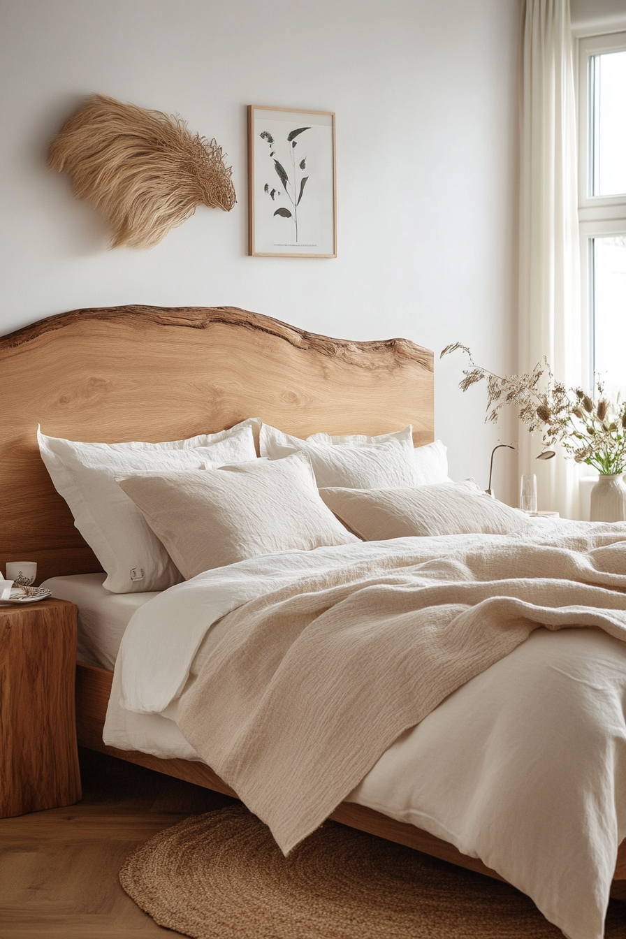 Close-up of natural wood grain headboard with soft neutral bedding