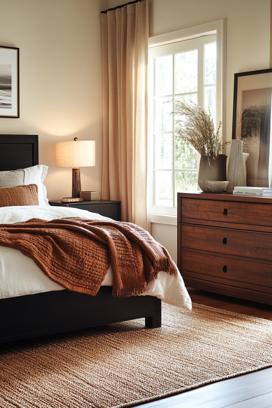 Close-up of cotton bedding with muted earthy colors
