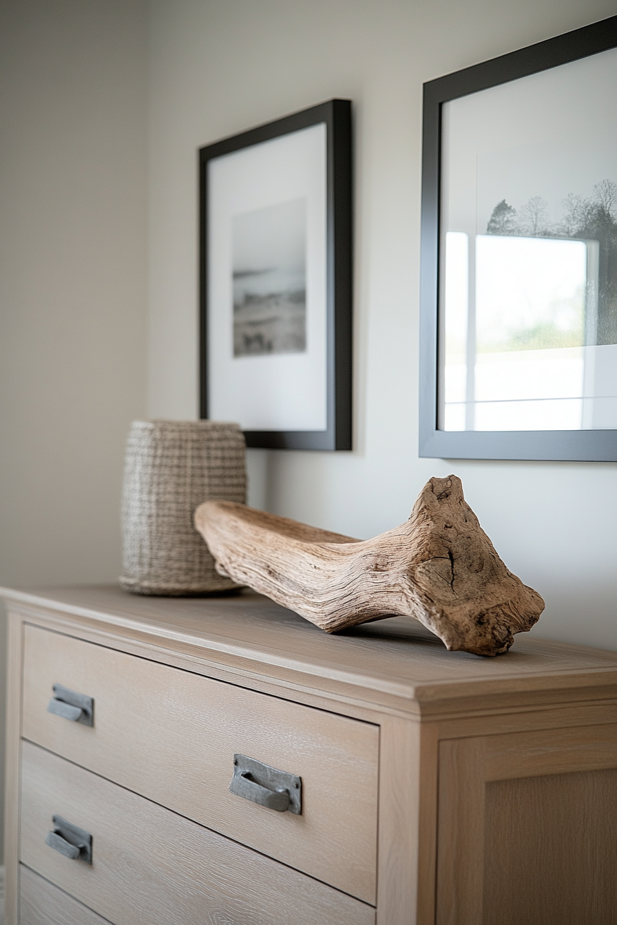 Sculptural driftwood piece styled on dresser for a natural touch