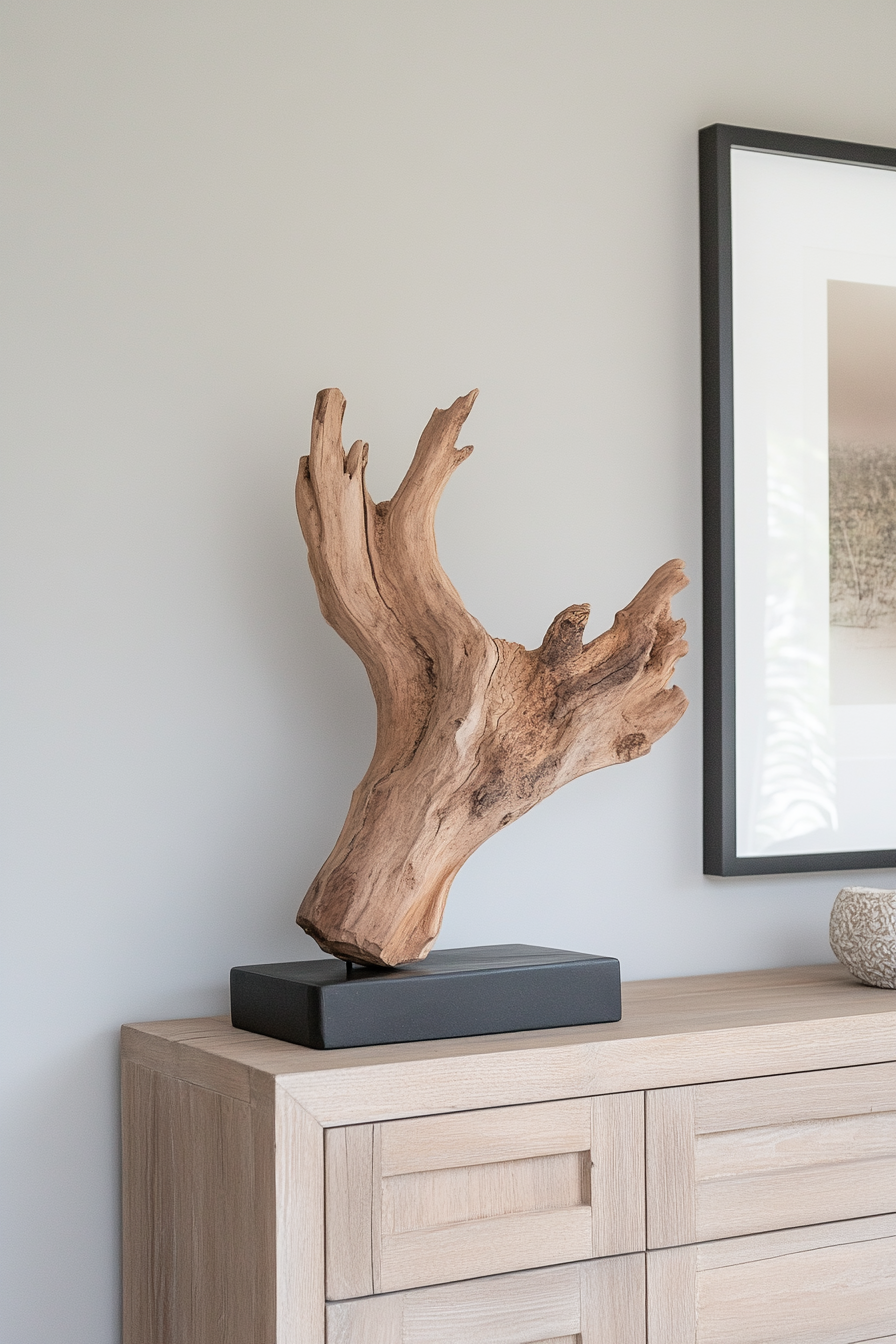 Close-up of driftwood on dresser styled with decor accents