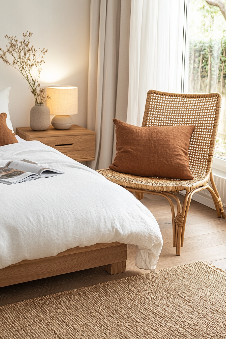 Close-up of rattan chair styled with soft cushion in corner