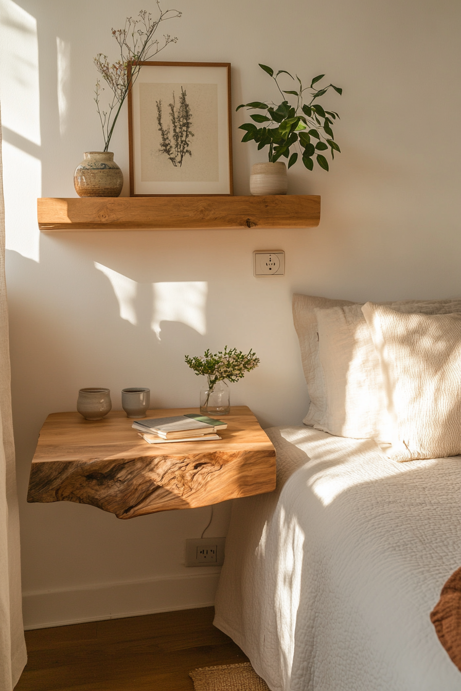 Live edge wood bedside shelf for a rustic, natural touch