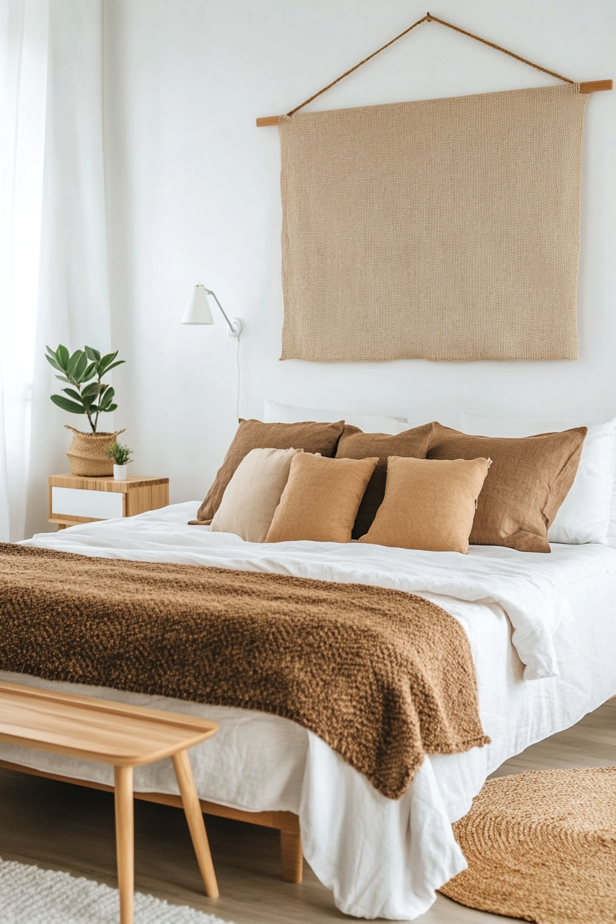 Close-up of linen wall hanging with abstract patterns