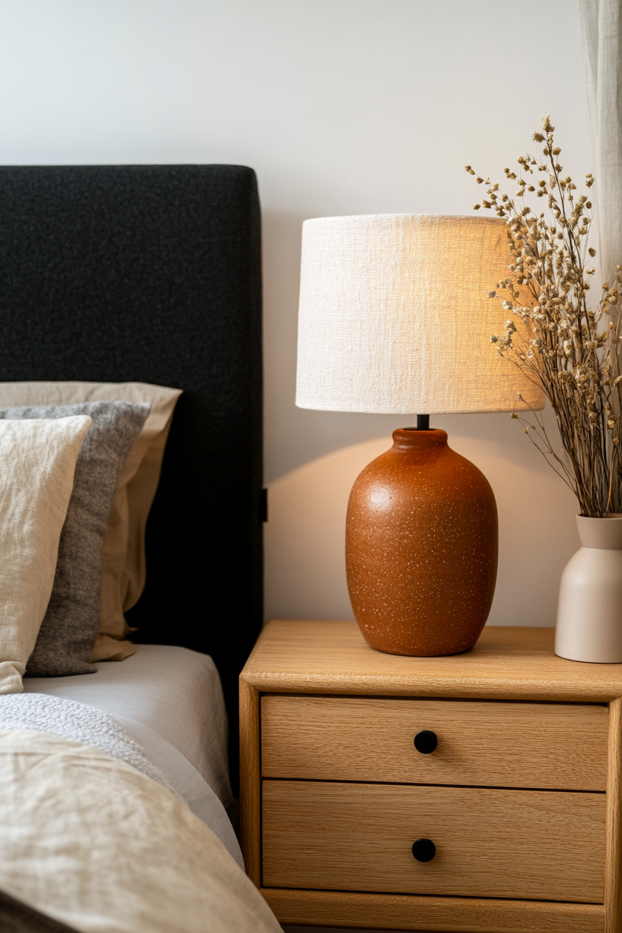 Close-up of ceramic lamp with clay base and linen shade