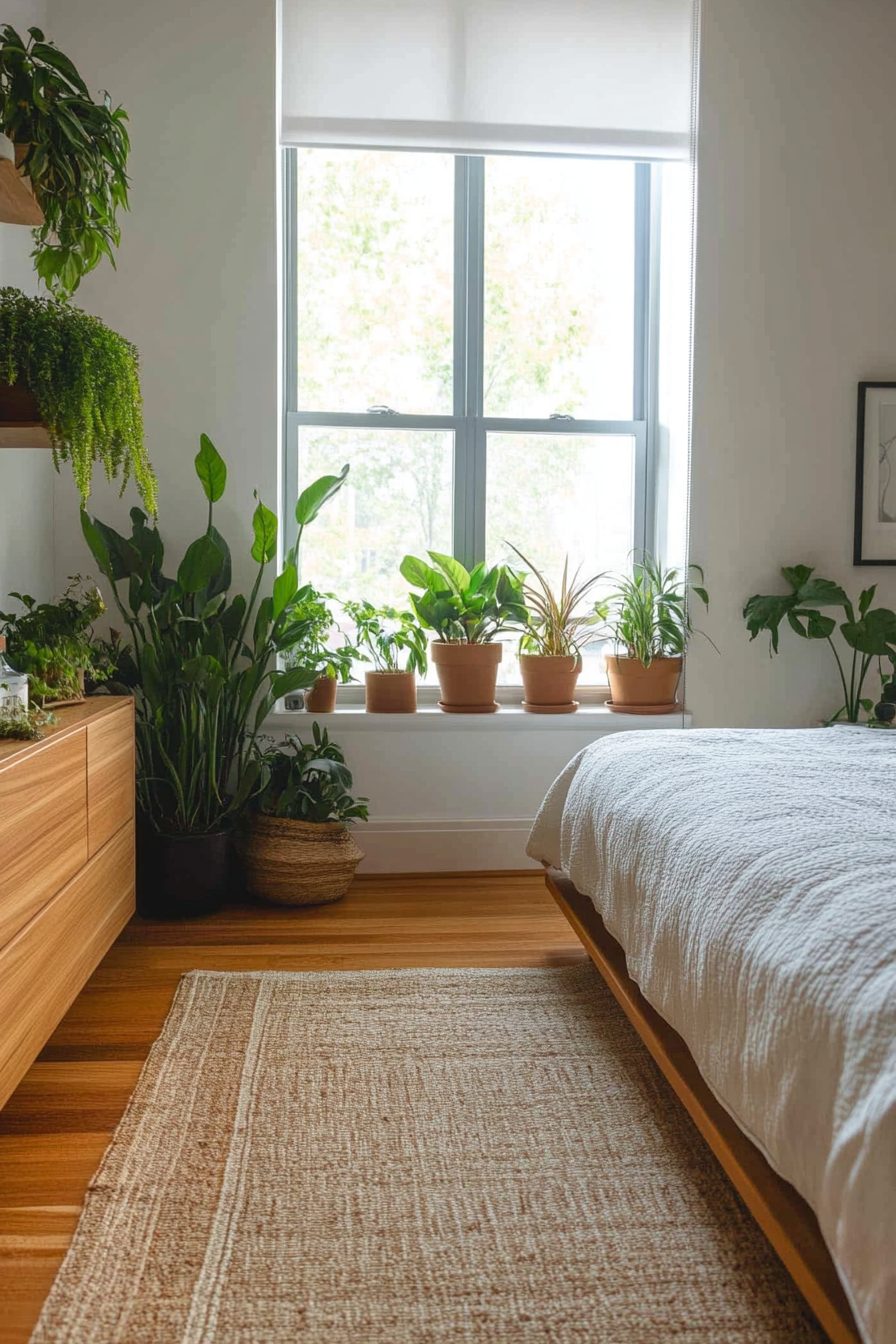 Cluster of indoor plants near minimalist window frame for a fresh feel