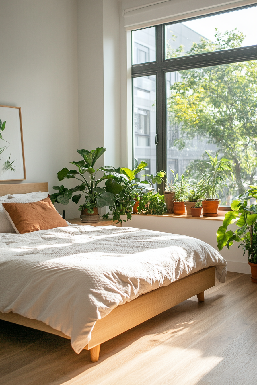 Close-up of indoor plants in natural pots near a window