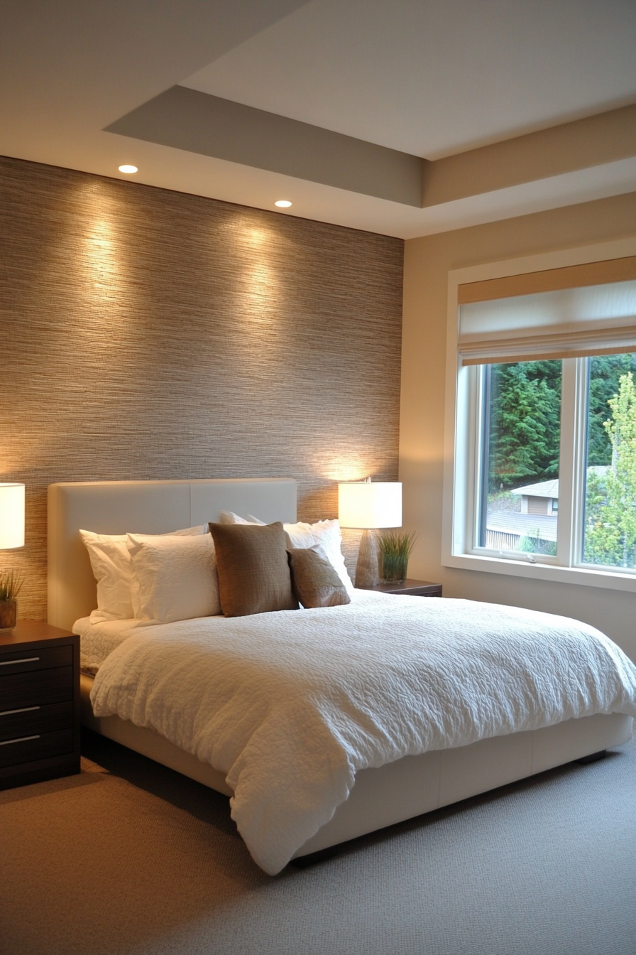 Stone-toned textured wallpaper adds depth and organic charm