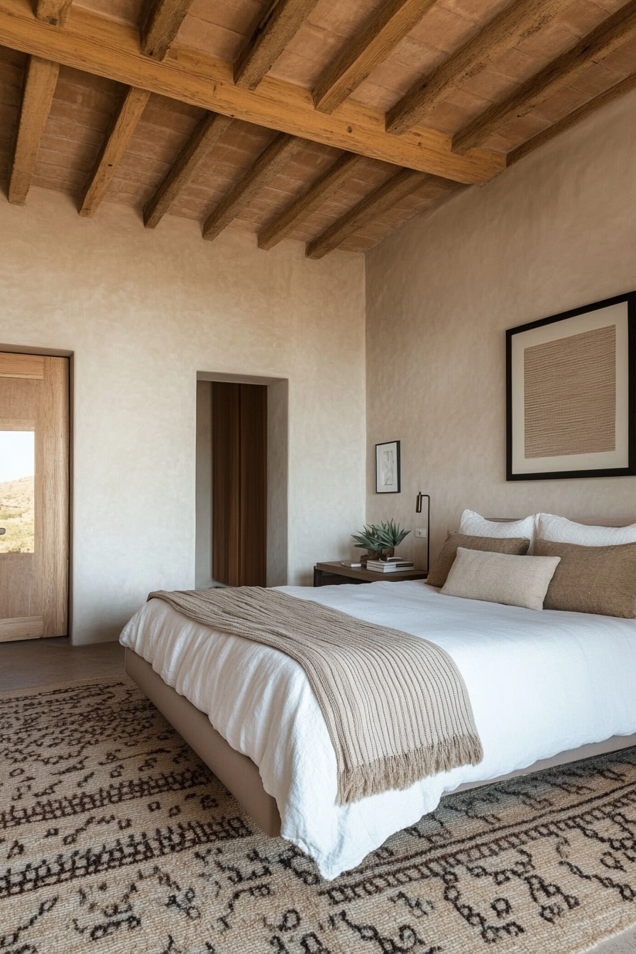 Soft wool throw draped over minimalist bed adds warmth and texture