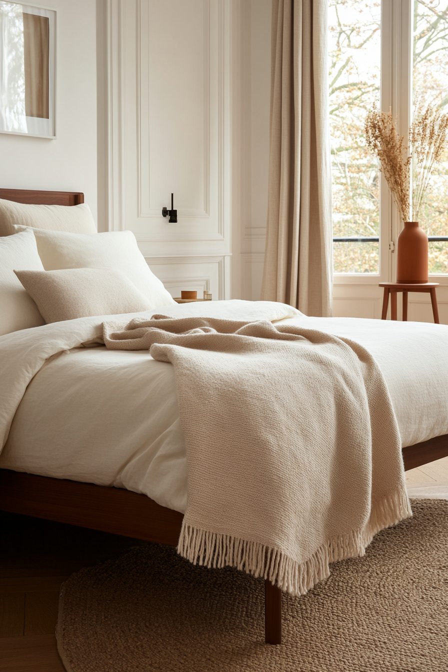 Close-up of wool throw on platform bed with soft neutral tones