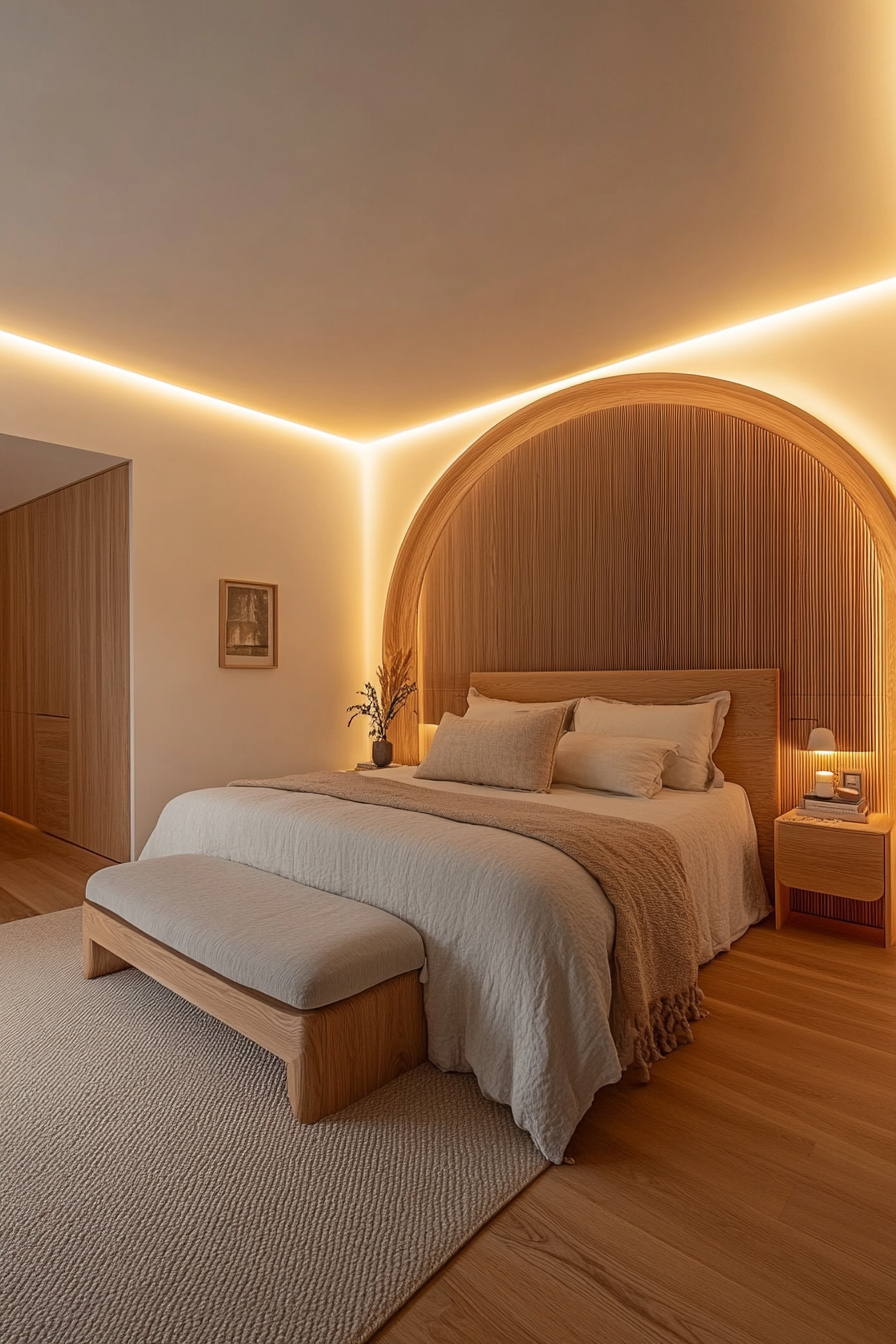 Curved organic furniture shapes in an inviting bedroom setting
