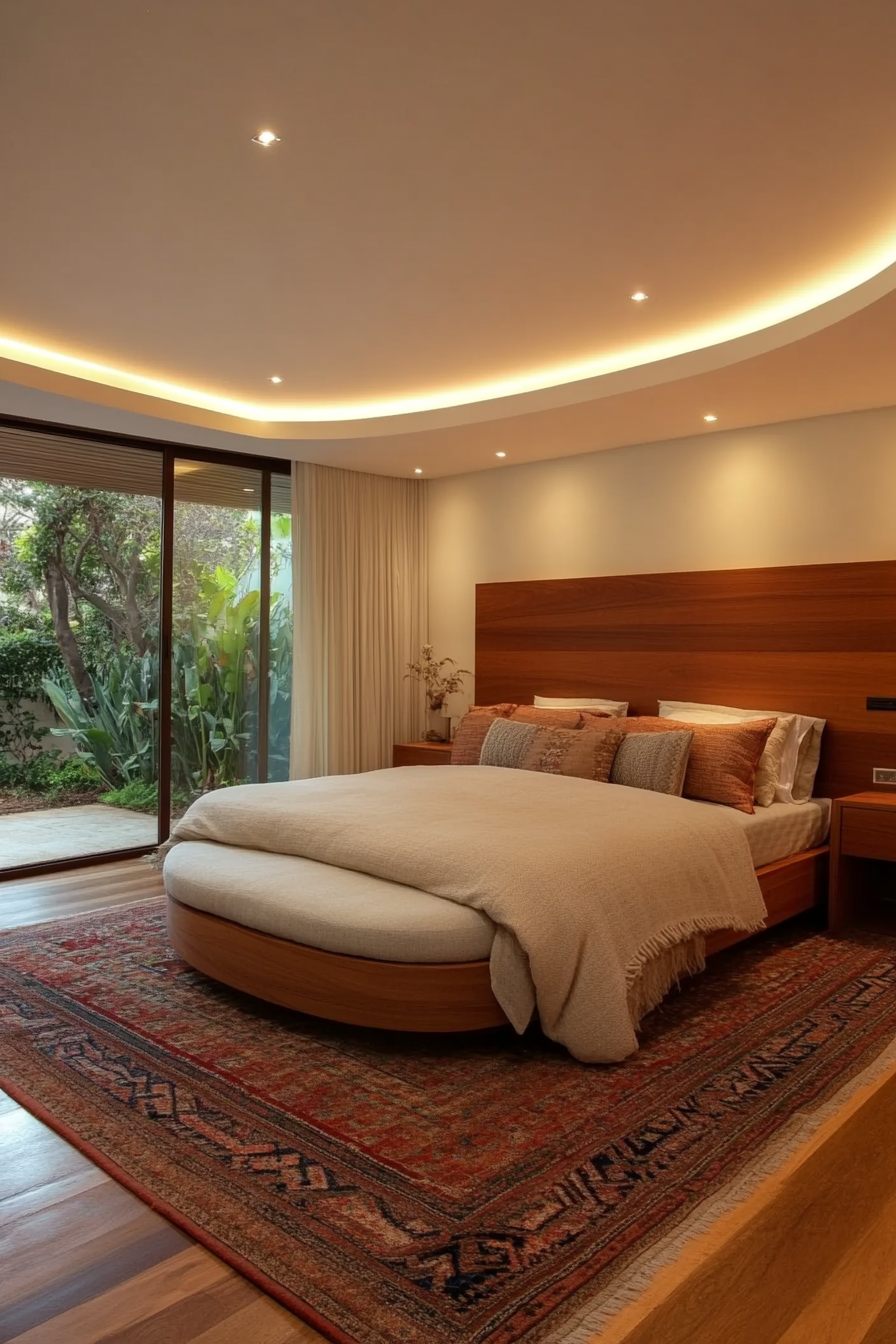 Close-up of curved wooden headboard in natural tones